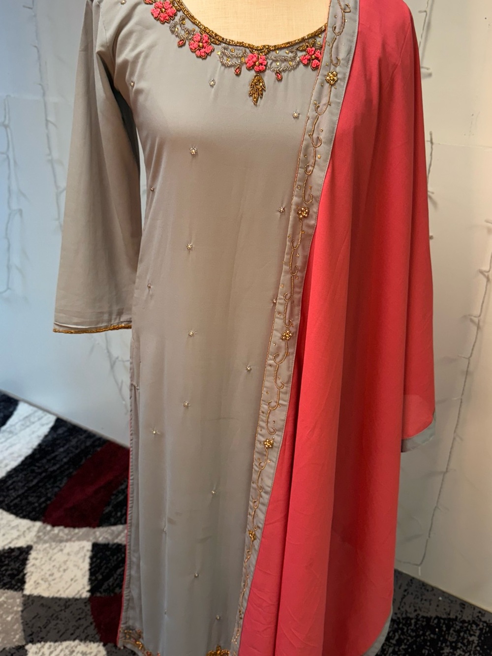 3 piece - 38 size Elegant Grey Embroidered Women’s Dress with Pink Dupatta